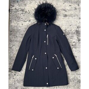 Tommy Hilfiger Blue Parka Coat Fur Trim Hood Water Repellent Sz XS
